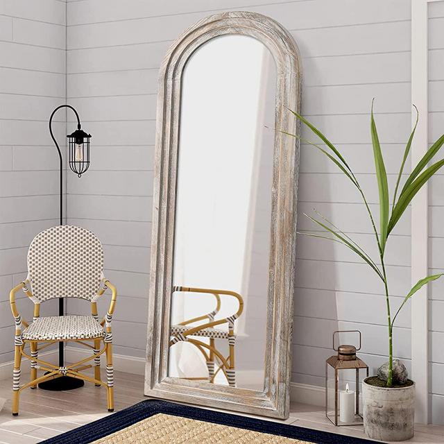 NeuType Arched Full Length Mirror, 65x22in Rustic Wood Frame Full Body Dressing Mirror, Wall-Mounted or Leaning Against Wall Standing Mirror, Farmhouse Decor for Bedroom Living Room,Retro White