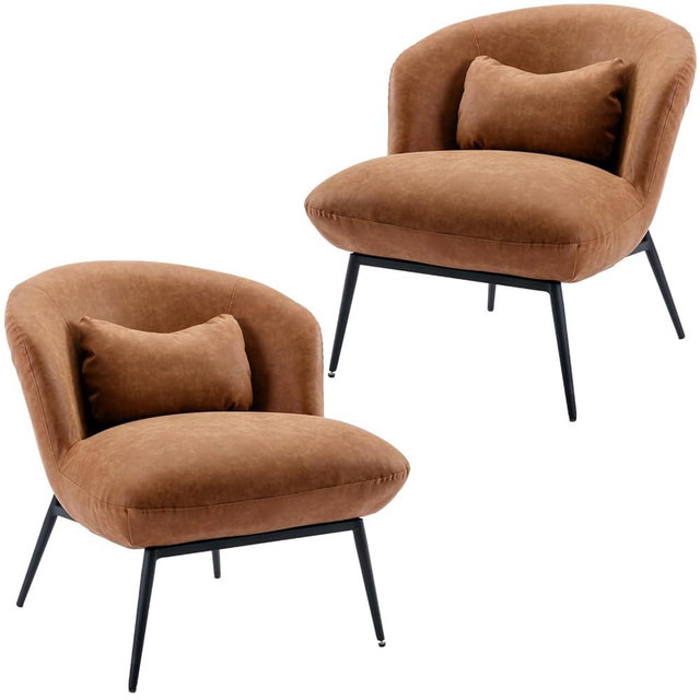 LukeAlon PU Leather Single Sofa Chairs Set of 2, Modern Upholstered Accent Chairs with Metal Legs and Pillow Cute Living Room Chairs Wide Seat Slipper Chairs for Bedroom Reception Area, Brown