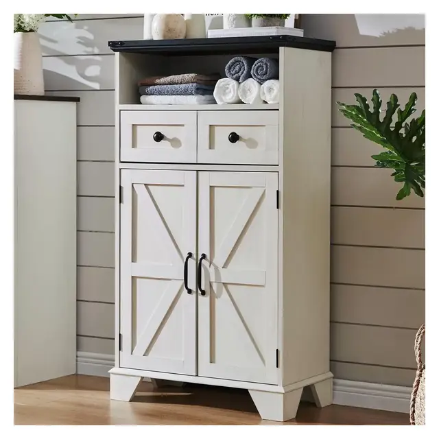 Bathroom Floor Cabinet, 24" Wide Farmhouse Bathroom Storage Cabinet with Drawer & Adjustable Shelf & Barn Doors for Bathroom, Kitchen, White