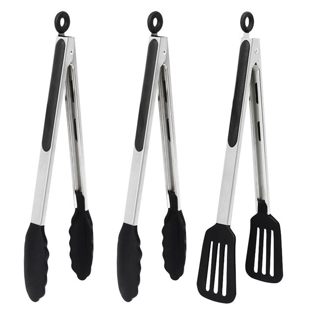 Pharamat 12 Inch Kitchen Tongs Set of 3, Silicone Tongs with Silicone Tips and Stainless Steel Handle, Tongs for Cooking, Baking, Grilling