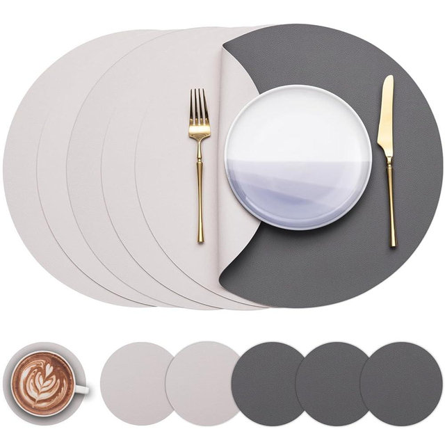 Myir JUN Round Table Placemats Set of 6 Faux Leather Place Mats and Coasters 15 inch Round Dual Sided Non-Slip Stain Resistant Placemats (Gray & Beige, Set of 6)