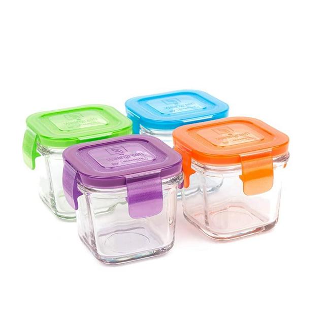 Wean Cube Glass Food Storage Garden Pack - Pack of 4 x 4 oz Square containers Blue, Orange, Green, Purple