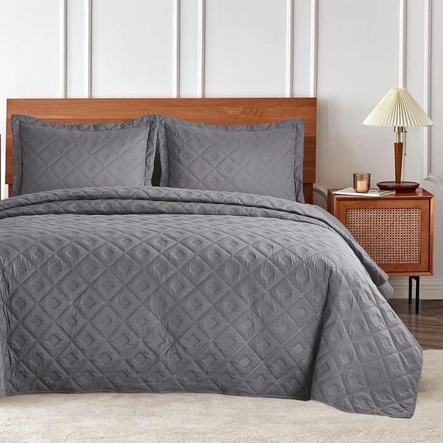 EHEYCIGA King Quilt Set Dark Grey Bedspread Coverlet 3 Piece Summer Lightweight Reversible Quilt Bedspread with 2 Pillow Shams, Machine Washable Comforter Bedding Cover Sets-106x96 Inch