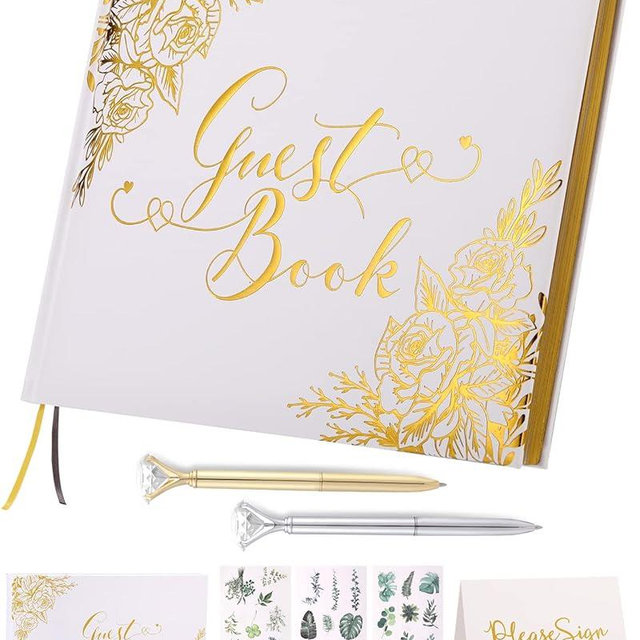 Wedding Guest Book - Guest Book Wedding Reception with Pens - 9x7'' Personalized Wedding Guestbook Photo Album Sign in Book - Gold Foil Hardcover & Gilded Edges, for Weddings, Baby Shower, Party