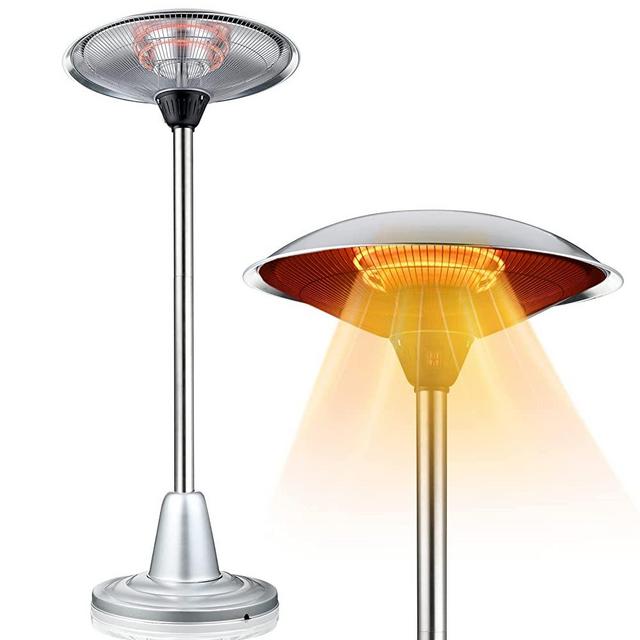 Electric patio Heater, Outdoor Patio Heater, Free-standing Heater with 2 Heating Modes, 750W/1500W, Dust &Waterproof IP65 Heater for Outdoor/Indoor, 30% Energy Saving,Tip-Over Protection,Silver