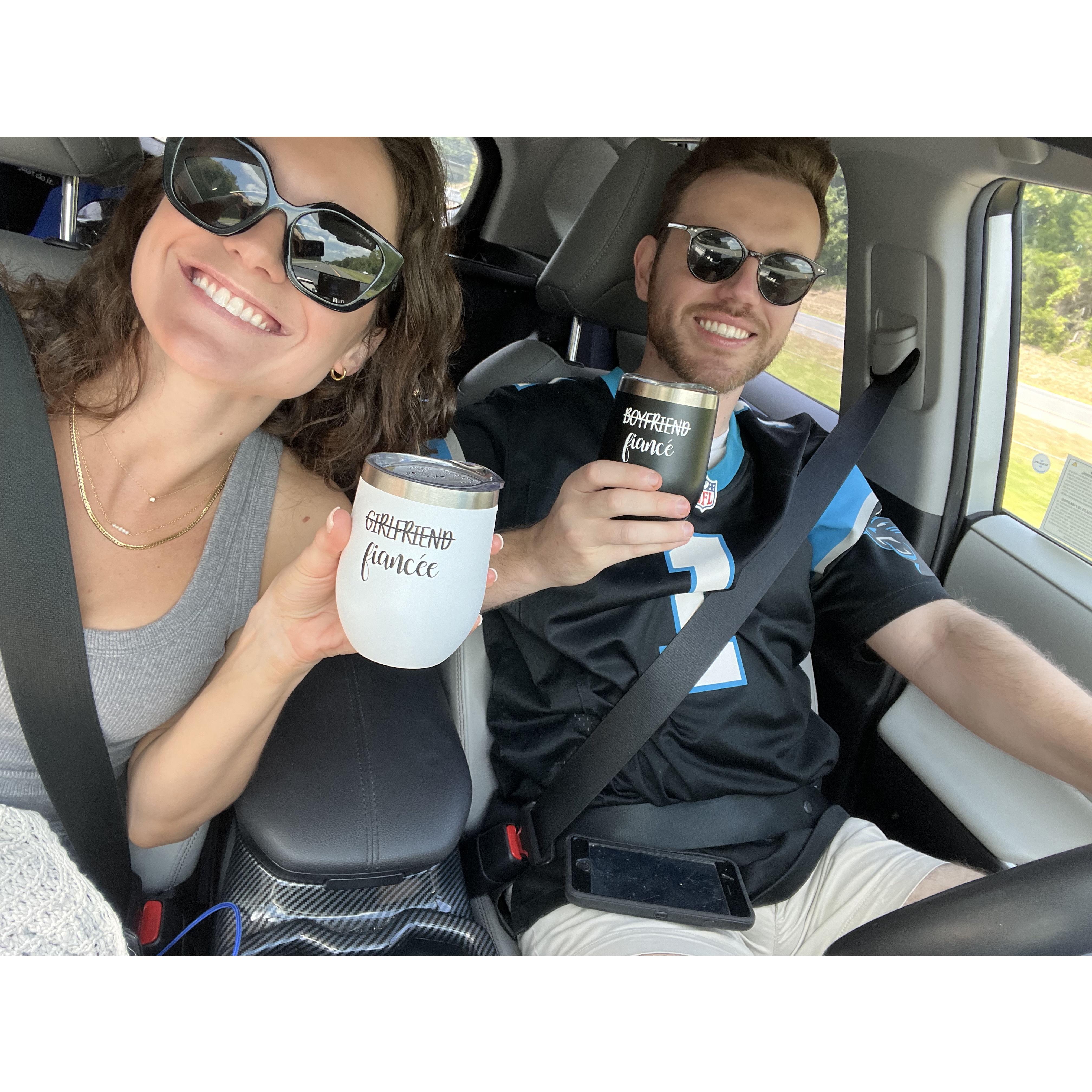 Enjoying our morning coffee on road trips.