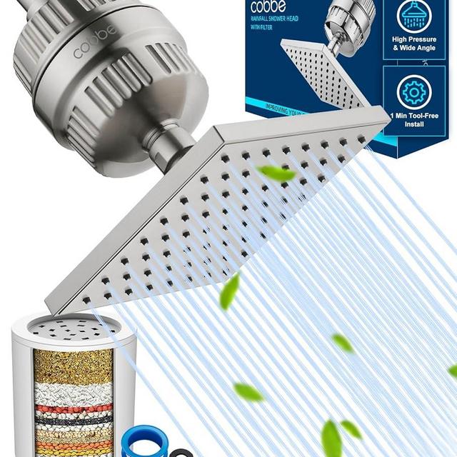 Cobbe High Pressure Filtered Shower Head Combo, Rain Shower Head with 20 Stage Shower Head Filter for Hard Water - Adjustable Replacement Remove Chlorine and Harmful Substances, Brushed Nickel