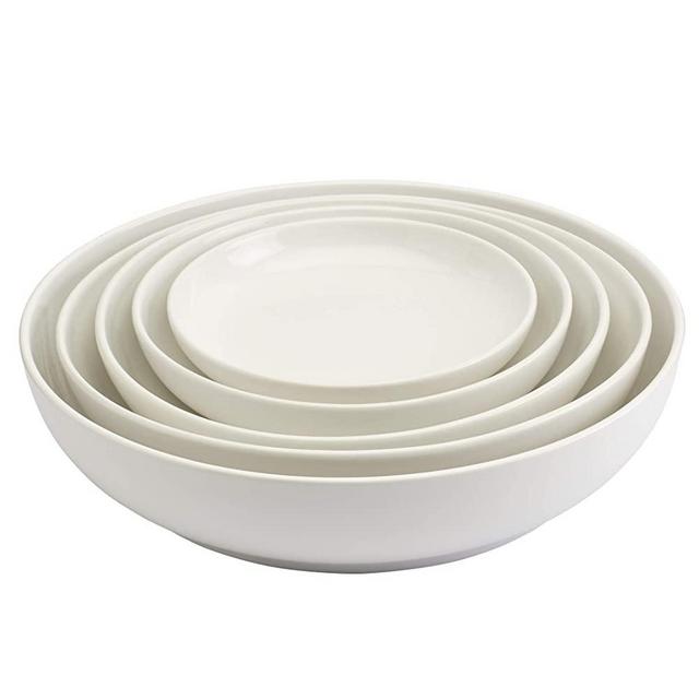 Denmark Tools For Cooks Blanc de Blanc White Serveware Collection- Bowls Platters Serving Dining Elegant Simple Microwave Dishwasher Oven Safe, 5 Piece Shallow Nested Serving Bowls (range 14" -8")