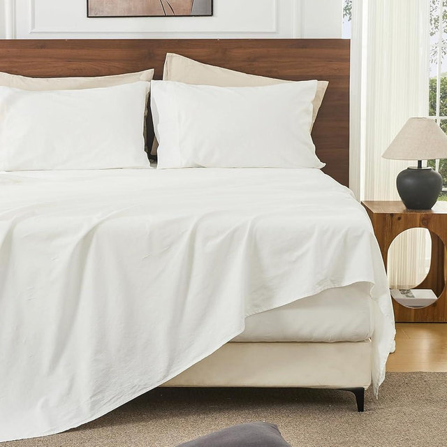 Bedlifes 100% French Linen Sheets King Size 18-24”Extra Deep Pocket 4-Piece Set Breathable & Moisture-Wicking,Soft & Durable Sheets for Thick Mattresses(White)