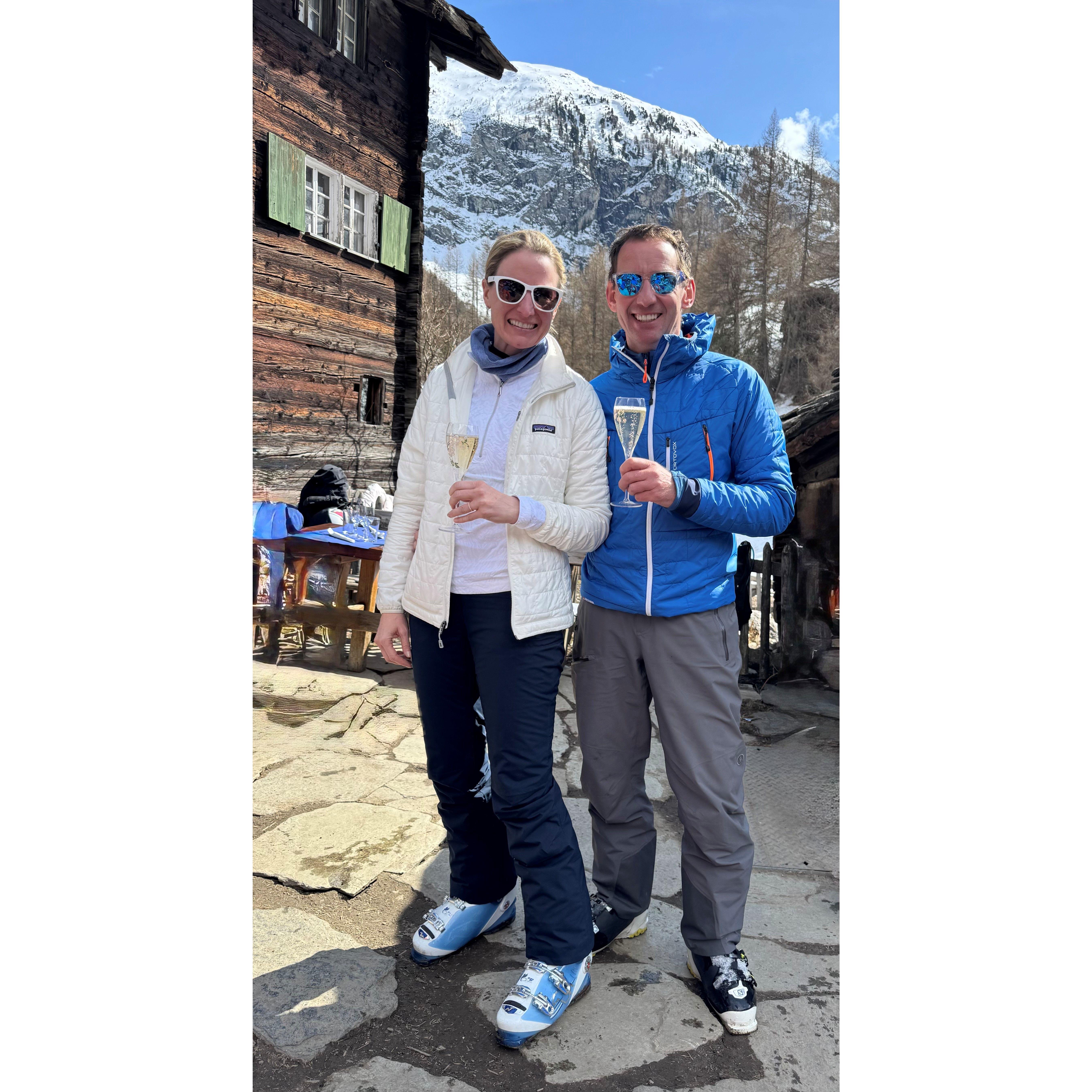 Celebrating our engagement at a favorite restaurant in Zermatt.