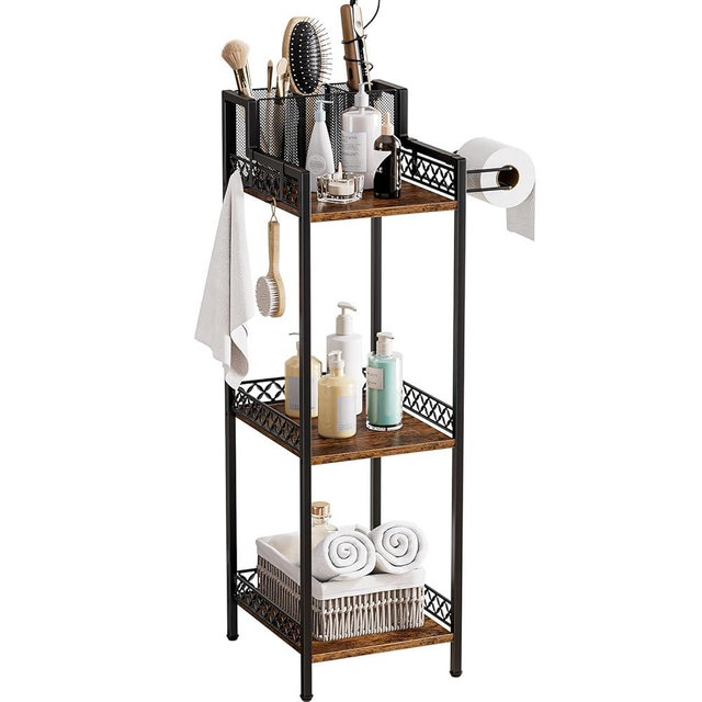 FURFUN 3-Tier Bathroom Shelf Organizer with Hair Dryer Holder and Toilet Paper Hook, 9.85" Slim Metal Stand for Small Spaces, Holds 50lbs - Freestanding Storage for Towels, Toiletries
