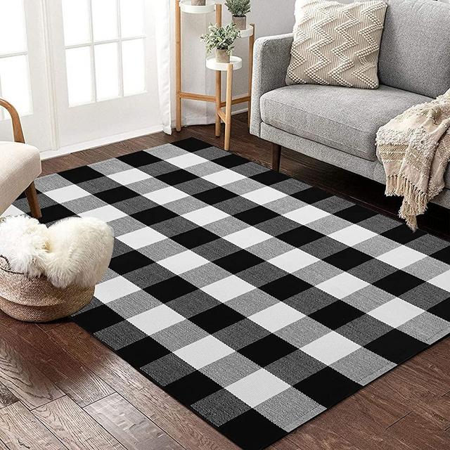 Buffalo Plaid Rug 3' x 5' Buffalo Check Rug Cotton Black and White Washable Retro Lattice Checkered Outdoor Rug Carpet for Farmhouse Living Room/Dining Room/Bedroom