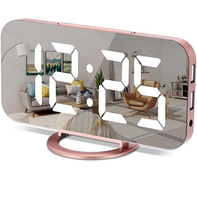 Digital Alarm Clock,7 Inch LED Mirrored Large Display, with Dual USB Charger Ports,Auto Dim,Snooze Function,Modern Desk Wall Electronic Clocks for Bedroom Living Room Office - Rose Gold