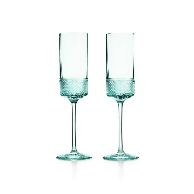 Diamond Point Champagne Flutes in Tiffany Blue® Crystal Glass