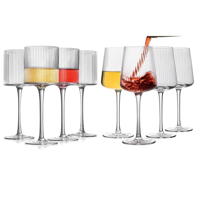 INSETLAN Set of 8 Ribbed Wine Glasses – 4 Square Design Glasses (12.5 oz) and 4 Crystal Glasses (13.5 oz) – Premium Hand-Blown Stemware for Red & White Wine, Weddings, Parties, and Home Bars