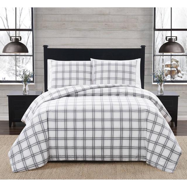 3pc Full/Queen Plaid Flannel Duvet Cover Set Gray - London Fog