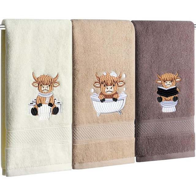 VELANORIQUE 3 Pack Funny Highland Cow Hand Towels,100% Cotton Soft Absorbent Embroidered Bath Towels Cute Cow Reading Bathing Toilet Design for Western Farmhouse Bathroom Decor Gift,13.7 x 29.5 Inch