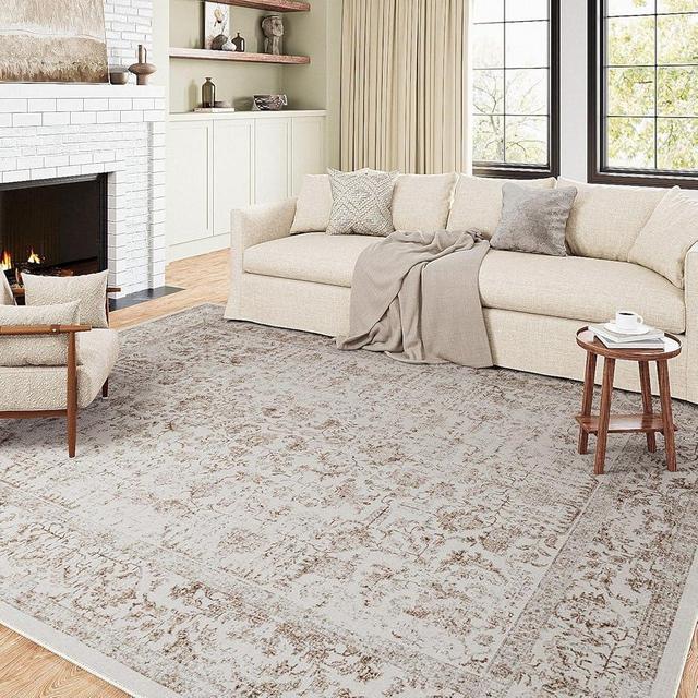 PureCozy Light Brown Area Rug 8x10 Indoor Vintage Living Room Large Carpet Washable Distressed Rug Floral Bedroom Rug Retro Accent Throw Rug for Office Dining Room Nursery