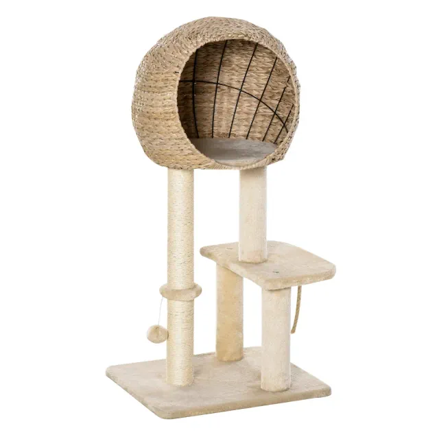 Skyzone 39" Beige Cat Tree: Sisal Scratching Post, Cattail Fluff Condo, Hanging Rope - Multi-Level Beige 19.00×15.80×39.30 in