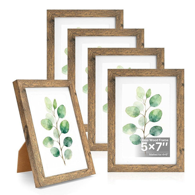 5x7 Picture Frame Wood, Wood Picture Frames 5x7 Wooden Picture Frames with Real Glass, Rustic 5 x 7 Photo Frame for Wall or Tabletop, Display Picture 4x6 with Mat or 5x 7 Without Mat (5 Brown)