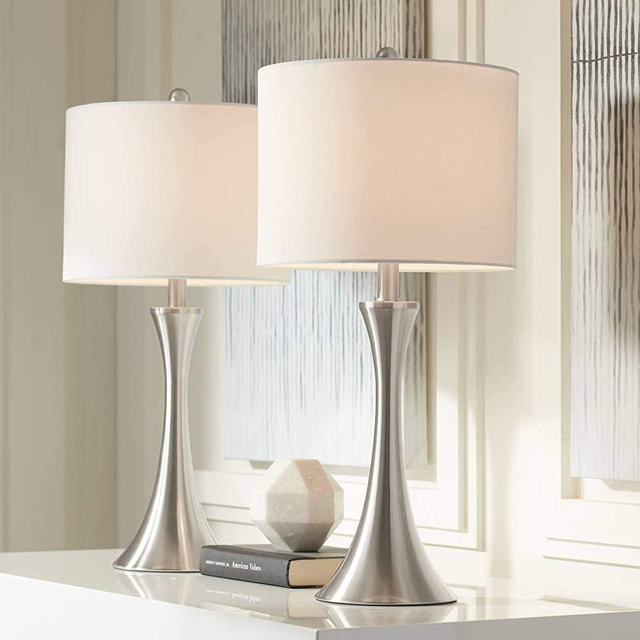 Gerson Modern Contemporary Table Lamps Set of 2 LED Dimmable Curved Brushed Nickel Metal White Drum Shade for Living Room Bedroom House Bedside Nightstand Home Office Family - 360 Lighting