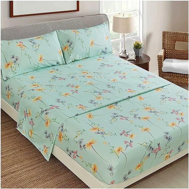 JSD Green Floral Printed Sheet Set Queen, 4 Piece Soft Brushed Microfiber Sheets Deep Pocket