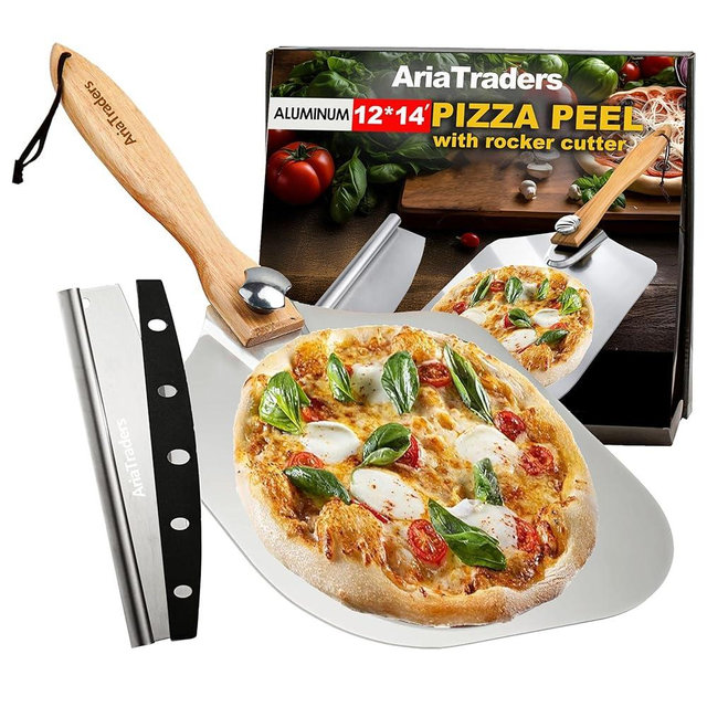 AriaTraders Aluminum Metal Pizza Peel (12" X 14"), Pizza Spatula with 14’’ Rocker Cutter, Pizza Paddle with Foldable Wooden Handle for Easy Storage, Pizza Spatula Paddle for Indoor & Outdoor Ovens