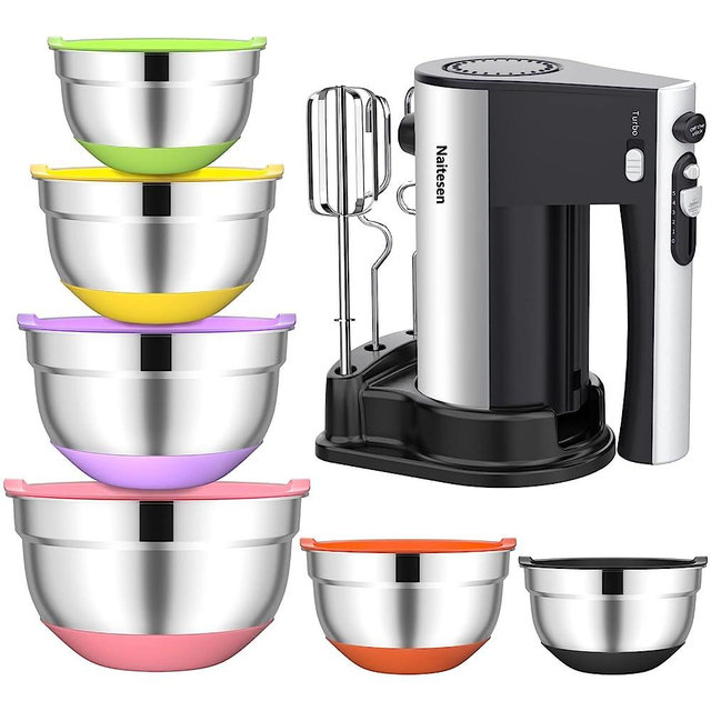 600W Electric Hand Mixer with 6 Piece Mixing Bowls with Airtight Lids Measuring Spoons Set, Mixer Electric Handheld Stainless Steel Metal Nesting Bowls Set for Kitchen Cooking Baking