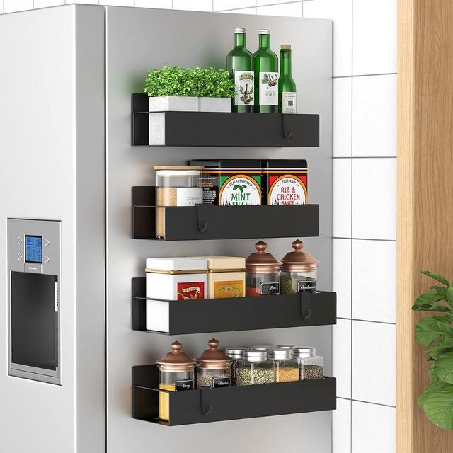 HuggieGems 4 Pack Magnetic Spice Storage Rack Organizer for Refrigerator and Oven, Matte Black Fridge Organizers and Storage