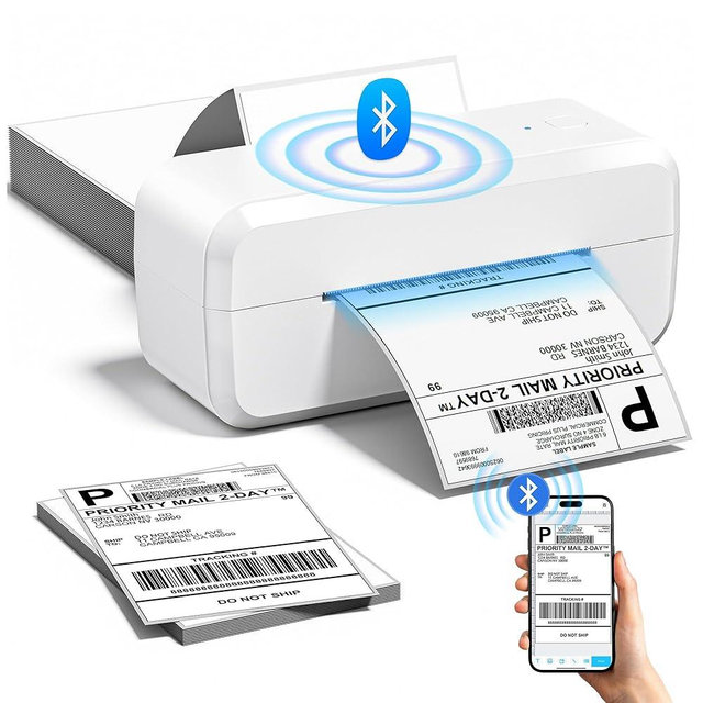 Bluetooth Thermal Label Printer, Shipping Label Printer for 4x6 Shipping Packages & Small Business, Compatible with IOS, Android, Windows and Mac, Widely Used for Ebay, Amazon, Shopify, USPS (White)