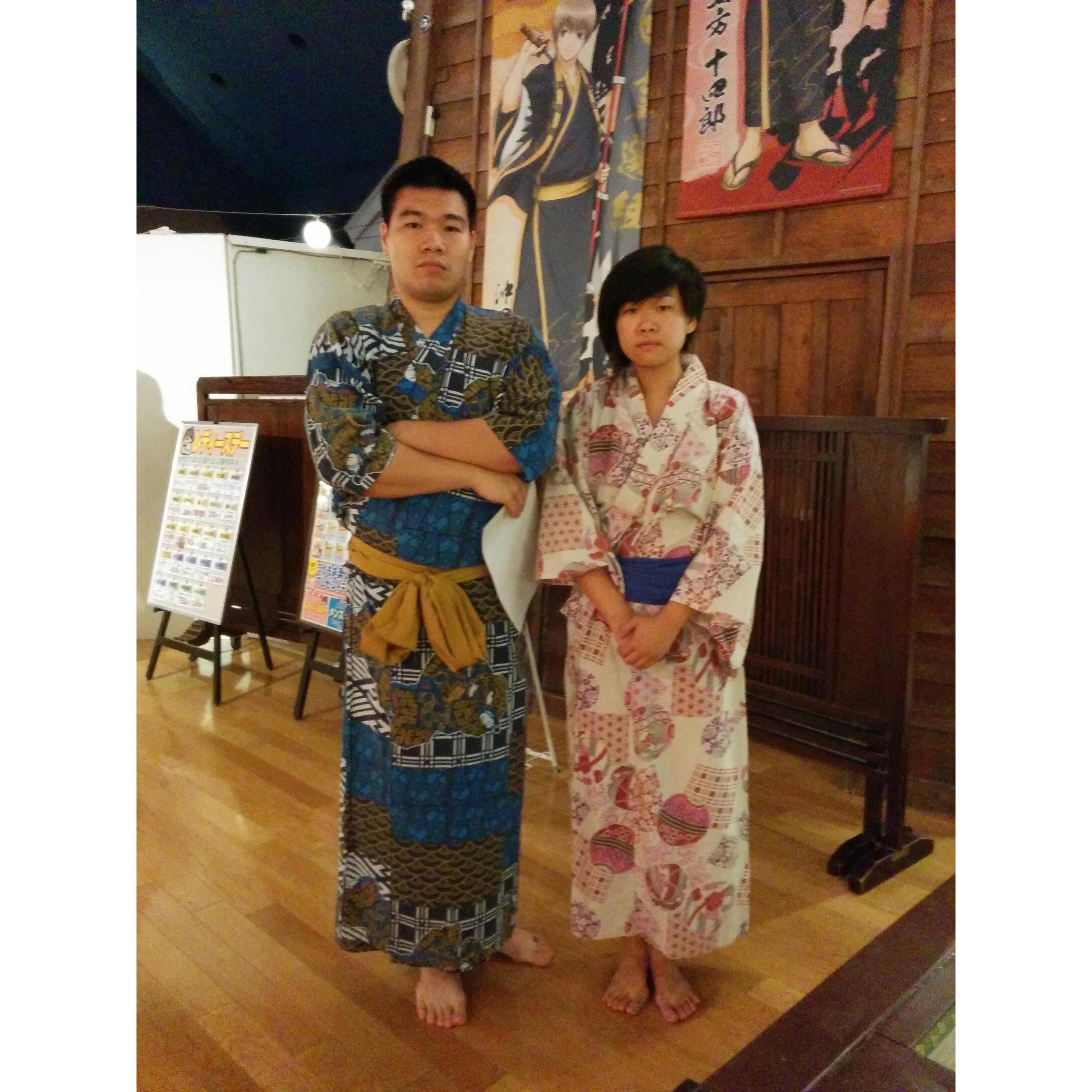 Onsen (hotsprings) in Japan. Striking the traditional pose, no smiles allowed.