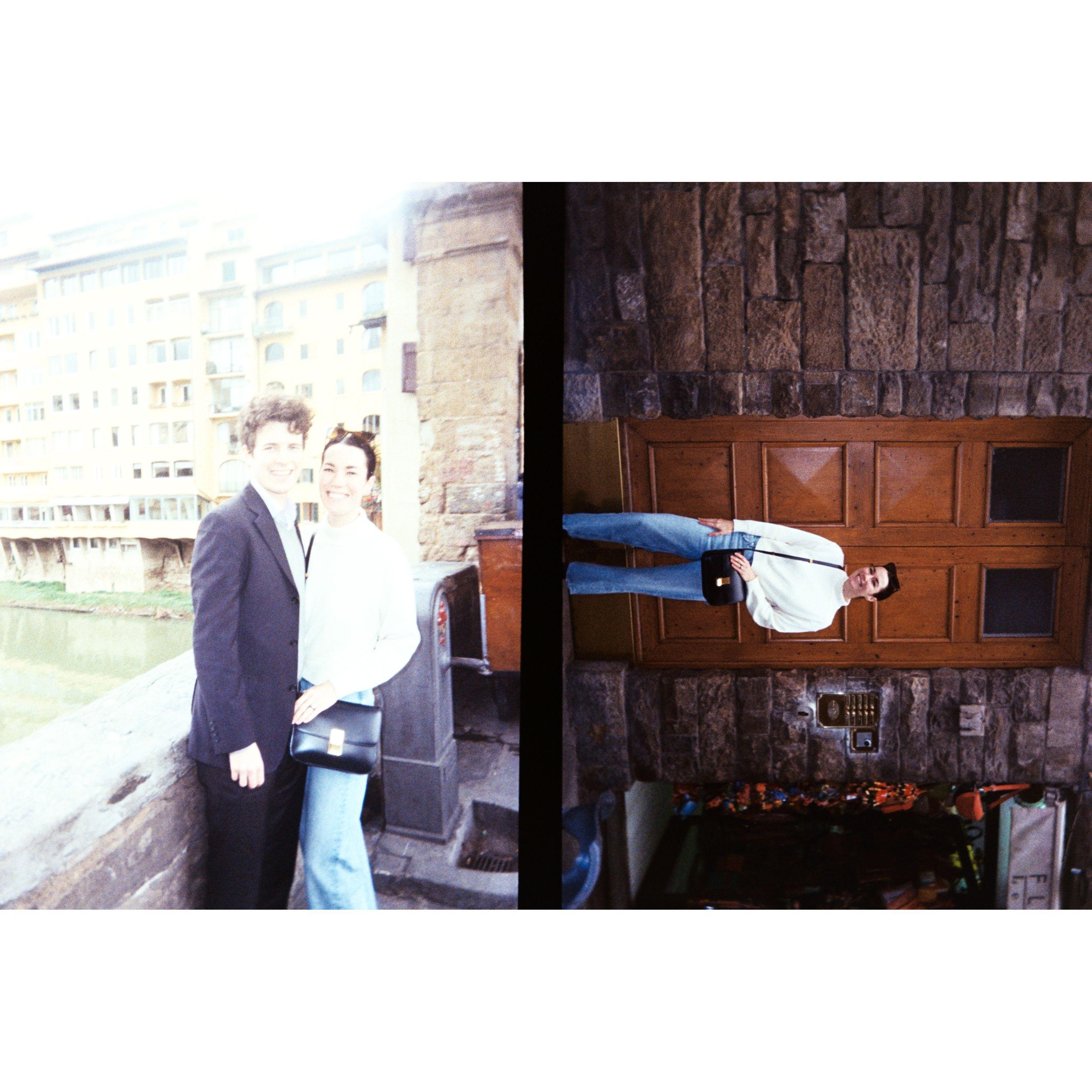 A photo on the Ponte Vecchio with Whitney's first Florence apartment in the background, and her in front of the door.