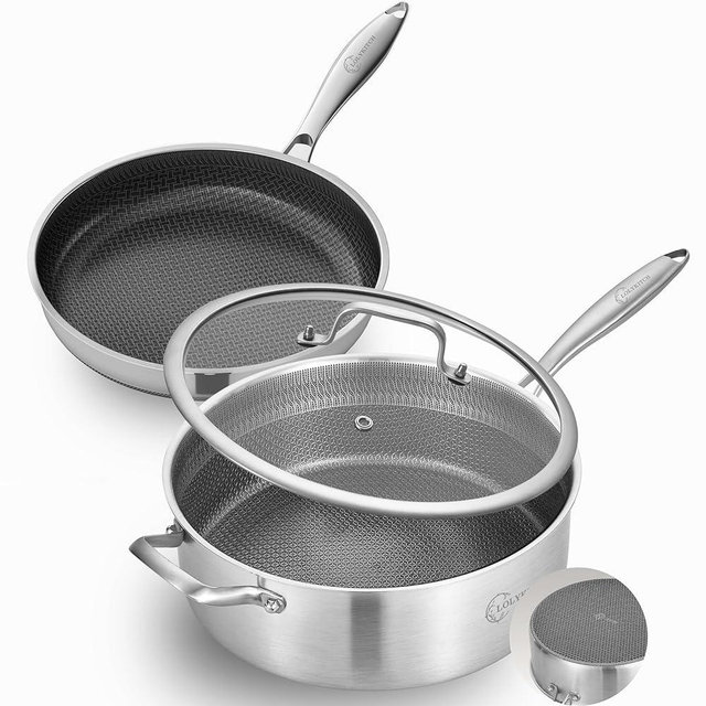 LOLYKITCH 7 QT & 12 Inch Ceramic Nonstick Pan Set – Tri-Ply Stainless Steel Large Sauté Pan with Lid & Frying Pan – Removable Handle for Easy Storage, PFOA-Free, Induction & Oven Safe