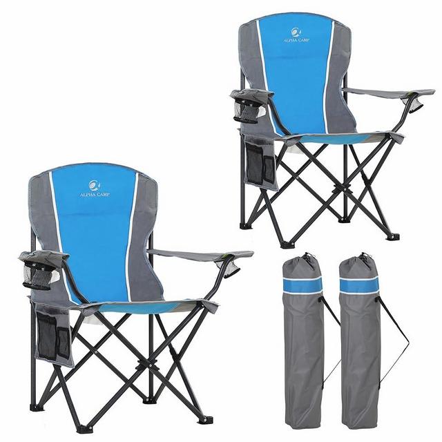 LET'S CAMP Oversized Outdoor Folding Camping Chair, 2 Pack Heavy Duty Arm Chairs with Cup Holder and Storage Bag, 350 LBS Weight Capacity, Blue