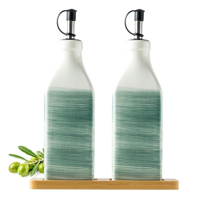 Miamolo Ceramic Olive Oil Dispenser Bottle, 12oz/350ml Olive Oil Holder Oil Dispenser for Kitchen Cooking, Oil and Vinegar Dispenser Set with Tray & Pour Spout