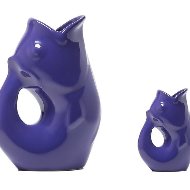 Gurgle Pot Fish Pitcher, Set of 2, Indigo Blue, French Inspired Design, Large Pitcher 42 oz. with baby Gurgle Pot.