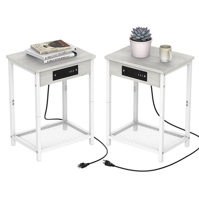 Nightstand Set of 2 with Charging Station, White End Table with USB Ports and AC Outlets, Modern Bedside Table Wood Night Stands Record Player Stand Table for Bedroom, Living Room