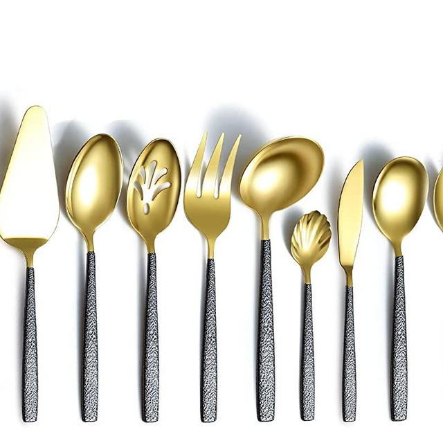 Serving Spoons Set of 10 Pieces Shiny Gold Head With Titanium Plating Black Mars Coating Handle, Stainless Steel Spoons Forks Knives Silverware Flatware Serving Set Serving Utensils