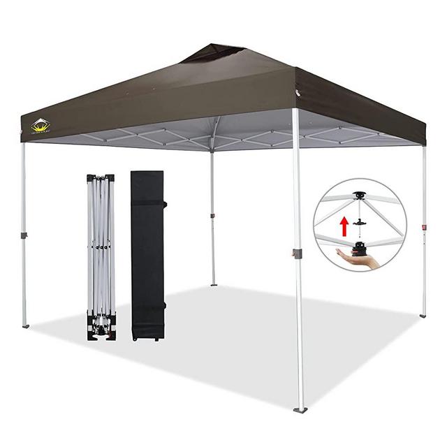 Crowns Shades 10x10 Pop up Canopy Outside Canopy, Patented One Push Tent Canopy with Wheeled Carry Bag, Bonus 8 Stakes and 4 Ropes, Coffee