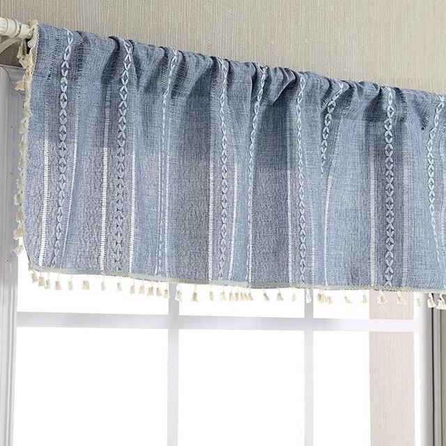 RoomTalks Boho Kitchen Valances for Windows Embroidered French Striped Farmhouse Vintage Chic Textured Tassel Curtain Valances for Bathroom Living Room Bohemian Decor (18’’L x 52’’W, Blue)
