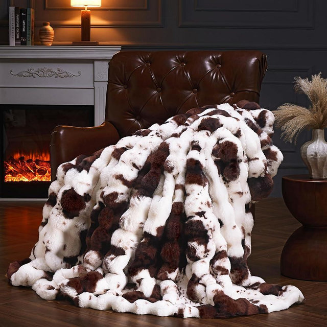 PLUUSHUU Faux Fur Throw Blanket for Couch, Fluffy Fuzzy Plush Bubble Blanket, Soft Warm Cozy Shaggy Rabbit Blanket, Luxury Decorative Gifts for Sofa Bedroom Living Room, 60x50inch (Cow Print-Brown)