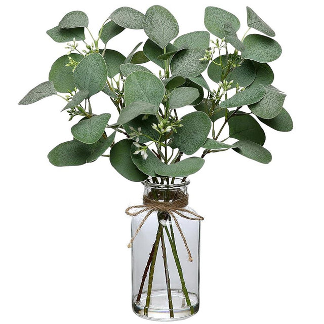 FOTEEWL 15" Artificial Eucalyptus Stems in Glass Vase with Faux Water,Fake Plant Eucalyptus Leaves Greenery for Centerpiece Table Decorations Office Farmhouse Wedding Kitchen Home Decor（Green）