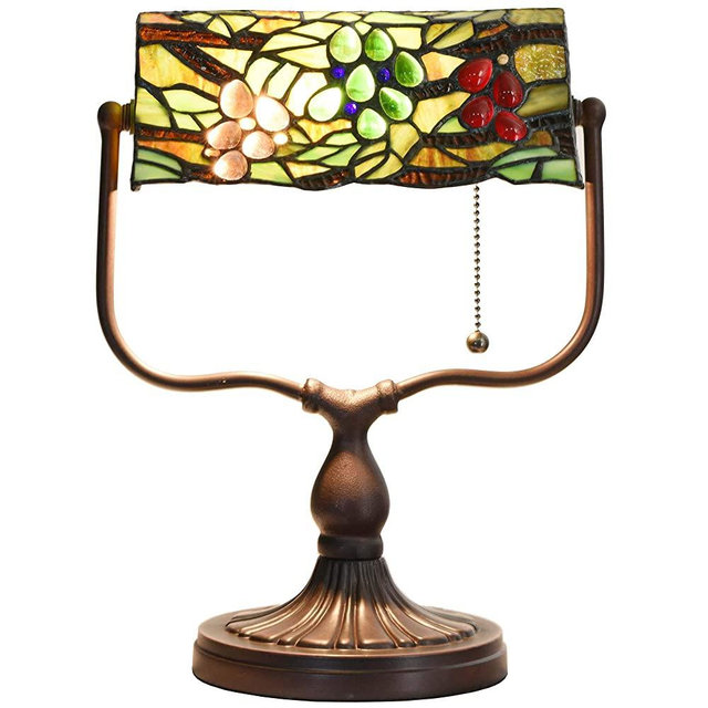 Bieye L10764 Grape Tiffany Style Stained Glass Banker Desk Lamp for Reading Working, 14-inches Tall