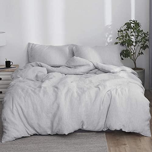 Simple&Opulence 100% Linen Duvet Cover Set 3pcs Stone Washed Natural French Flax Basic Style Solid Color Bedding with Button Closure (King, Light Grey)