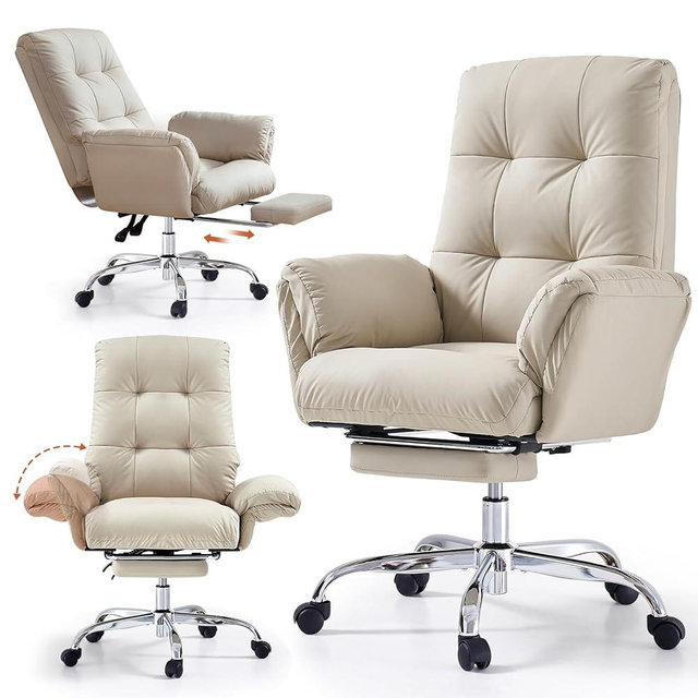 EMIAH Office Chair with Foot Rest Criss Cross Chair with Wheels and Flip-up Arms Reclining Desk Chair Comfy Wide Seat PU Leather Rolling Computer Home Office Chair (Beige)