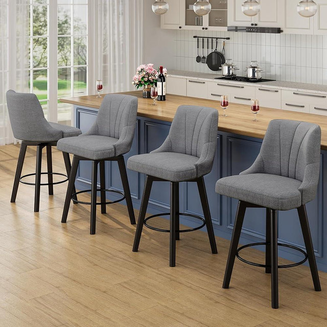 REONEY Counter Height Swivel Bar Stool, 24" Upholstered Fabric Barstools Set of 4, Counter Stool Chair with Back & Solid Wood Legs for Kitchen Island Dining Room (Dark Gray)