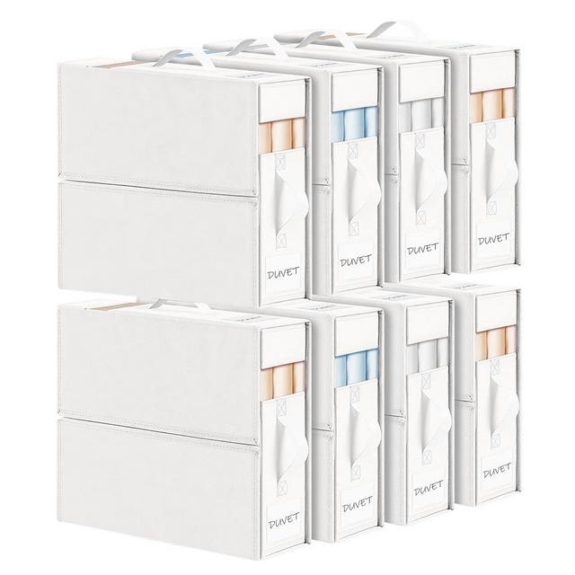 DIMJ Bed Sheet Organizers and Storage 8 Pack - Foldable Sheet Organizer for Linen Closet, Bedding Storage Box for organization, Sheets Set Holder for Blanket, Towel (King & Queen Size), White