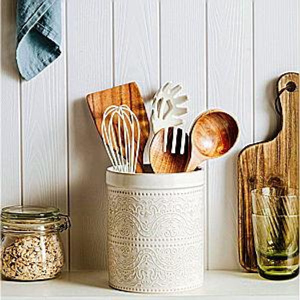 Kitchen Utensil Holder, 7 Inches Large Ceramic Utensil Holder for Countertop, Lace Emboss Cooking Utensil Crocks for Kitchen, Home Decor, Off-White