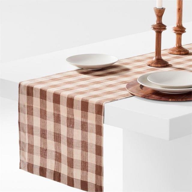 Marin 120" Brown and Natural Buffalo Check Euroflax Linen Runner
