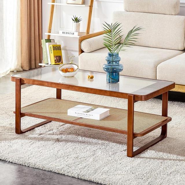 Ganooly Mid Century Modern Coffee Table with Ribbed Glass Top and PE Rattan Storage Shelf, 45 Inch Rectangular Solid Wood Boho Coffe Table, Unique Center Table for Livinig Room Apartment Small Space